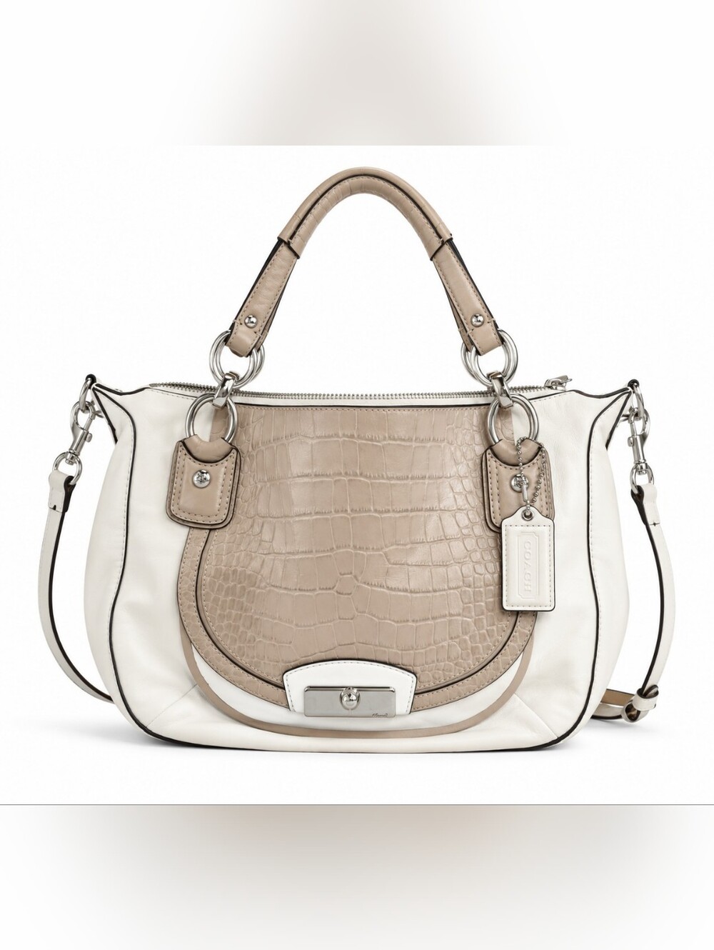 Coach Beige & White Croc-Embossed Leather Shoulder Bag